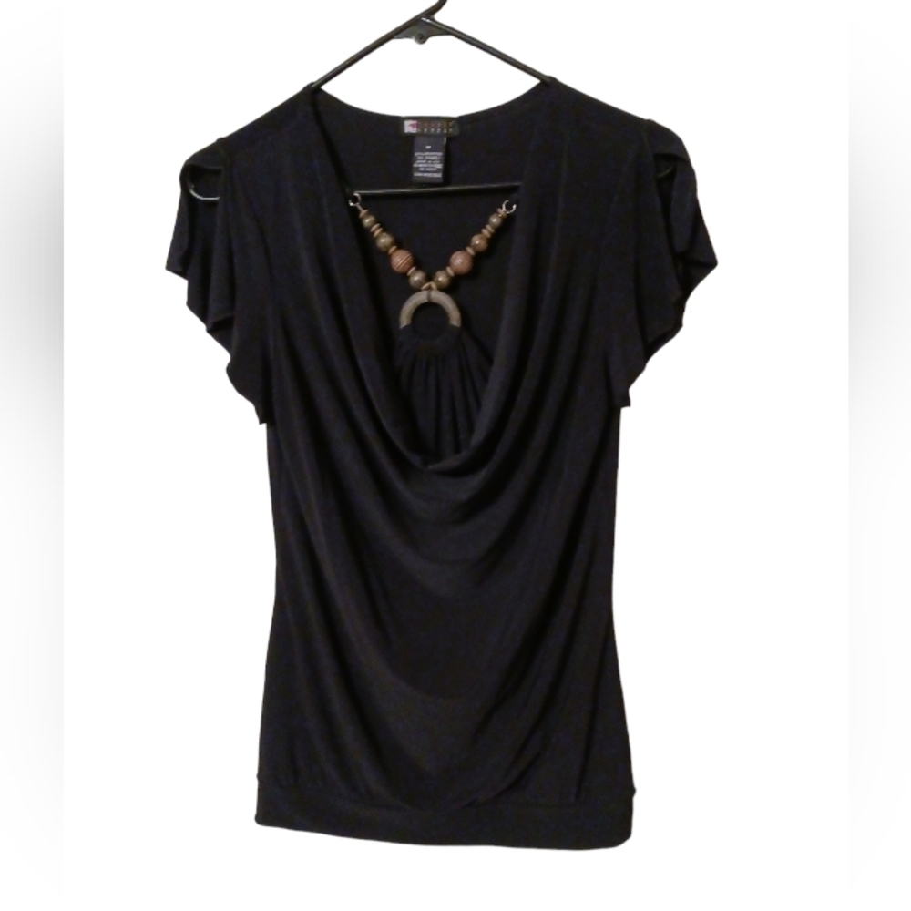Carole Little Vintage Cap Sleeve Black Pullover Blouse w/ Attached Necklace EDGY